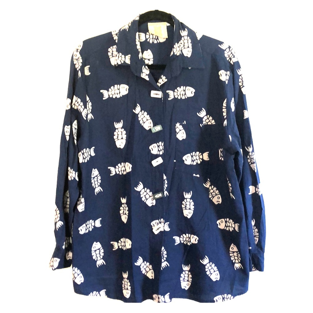 Navy and cream batik fish print shirt.